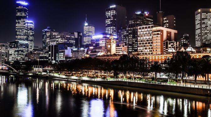 Melbourne night skyline, with lights reflecting from the Yarra River