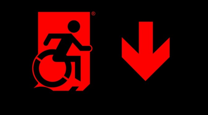 Accessible Means of Egress Page Header, Wheelie Man part of the Accessible Exit Sign Project