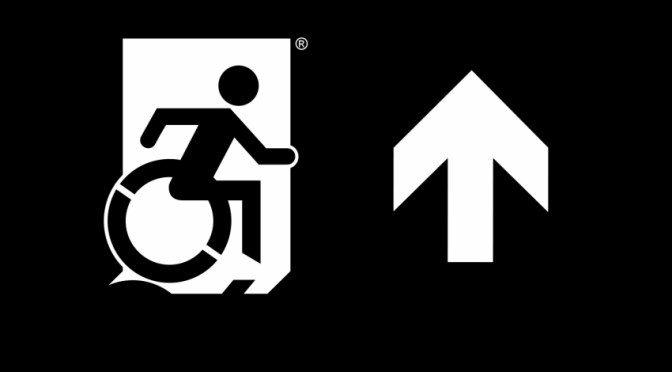 Accessible Means of Egress Page Header, Wheelie Man part of the Accessible Exit Sign Project