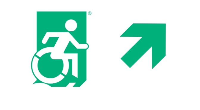 Accessible Means of Egress Page Header, Wheelie Man part of the Accessible Exit Sign Project