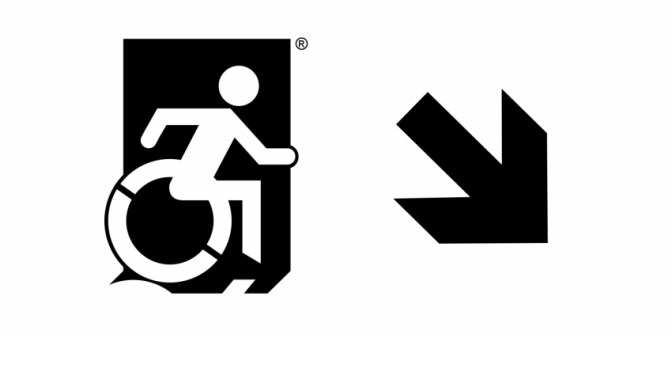 Accessible Means of Egress Page Header, Wheelie Man part of the Accessible Exit Sign Project