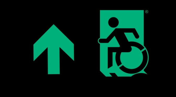 Accessible Means of Egress Page Header, Wheelie Man part of the Accessible Exit Sign Project