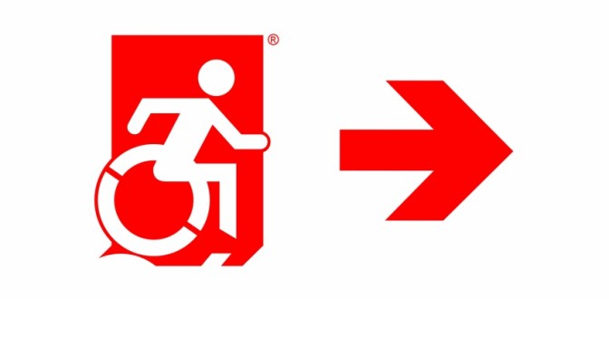 Accessible Means of Egress Page Header, Wheelie Man part of the Accessible Exit Sign Project