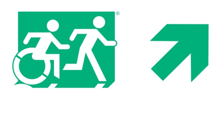 Accessible Means of Egress Page Header, Running Man Wheelie Man part of the Accessible Exit Sign Project