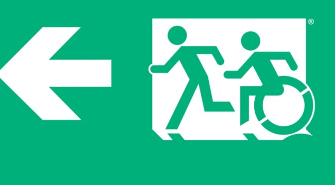Accessible Means of Egress Page Header, Runing Man Wheelie Man part of the Accessible Exit Sign Project