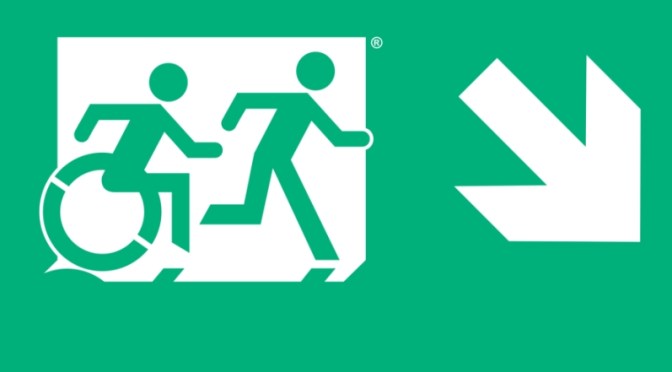 Accessible Means of Egress Page Header, Runing Man Wheelie Man part of the Accessible Exit Sign Project