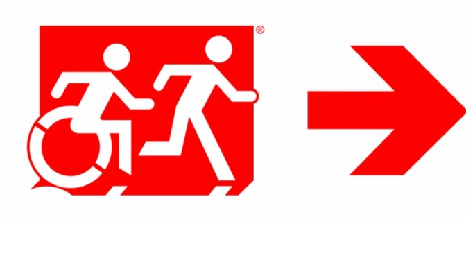 Accessible Means of Egress Page Header, running Man Wheelie Man part of the Accessible Exit Sign Project