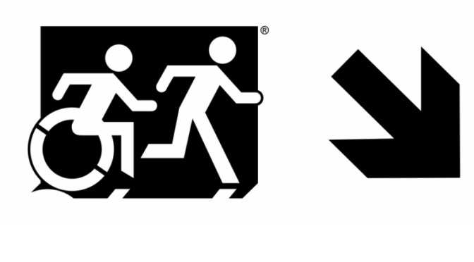 Accessible Means of Egress Page Header, running Man Wheelie Man part of the Accessible Exit Sign Project