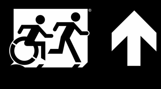 Accessible Means of Egress Page Header, running Man Wheelie Man part of the Accessible Exit Sign Project