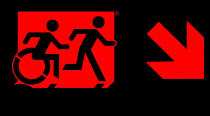 Accessible Means of Egress Page Header, running Man Wheelie Man part of the Accessible Exit Sign Project