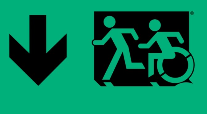 Accessible Means of Egress Page Header, running Man Wheelie Man part of the Accessible Exit Sign Project