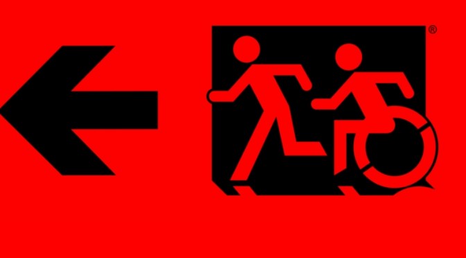 Accessible Means of Egress Page Header, Runing Man Wheelie Man part of the Accessible Exit Sign Project