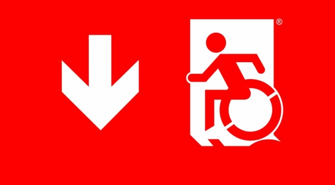 Accessible Means of Egress Page Header, Wheelie Man part of the Accessible Exit Sign Project