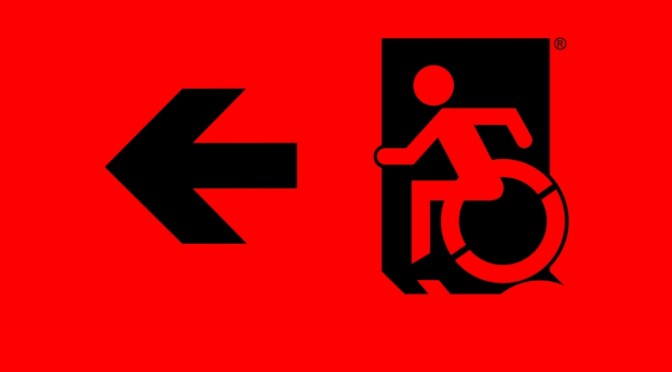 Accessible Means of Egress Page Header, Wheelie Man part of the Accessible Exit Sign Project