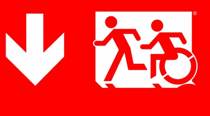 Accessible Means of Egress Page Header, running Man Wheelie Man part of the Accessible Exit Sign Project