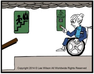 Accessible Means of Egress, Person using a Wheechair in Fire Refuge using Communications