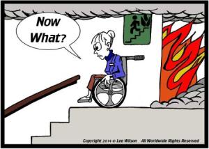 Now What? lady in wheelchair at top of stairs during an emergency