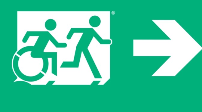 Accessible Means of Egress Page Header, Runing Man Wheelie Man part of the Accessible Exit Sign Project