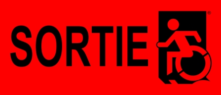 Left Hand Black on Red Exit Wheelie Man Wheelchair Accessible Exit Sign