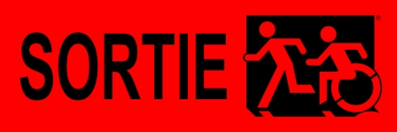 Left Hand Black on Red Sortie Running Man Wheelie Man Wheelchair Accessible Exit Sign