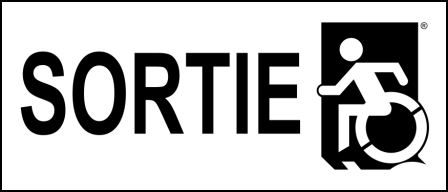 Left Hand Black on White Sortie Wheelie Man Wheelchair Accessible Exit Sign