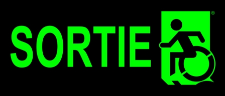 Left Hand Lime New Green on Black Sortie Wheelie Man Wheelchair Accessible Exit Sign