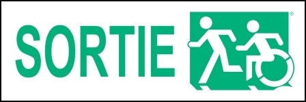 Left Hand New Green on White Sortie Running Man Wheelie Man Wheelchair Accessible Exit Sign