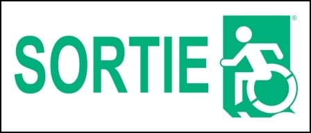 Left Hand New Green on White Sortie Wheelie Man Wheelchair Accessible Exit Sign