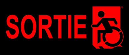 Left Hand Red on Black Sortie Wheelie Man Wheelchair Accessible Exit Sign