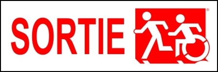 Left Hand Red on White Sortie Running Man Wheelie Man Wheelchair Accessible Exit Sign