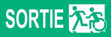 Left Hand White on New Green Sortie Running Man Wheelie Man Wheelchair Accessible Exit Sign