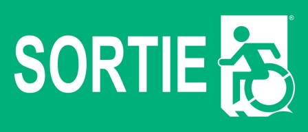 Left Hand White on New Green Sortie Wheelie Man Wheelchair Accessible Exit Sign