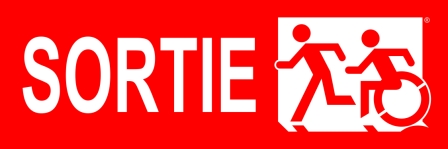 Left Hand White on Red Sortie Running Man Wheelie Man Wheelchair Accessible Exit Sign