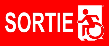 Left Hand White on Red Sortie Wheelie Man Wheelchair Accessible Exit Sign