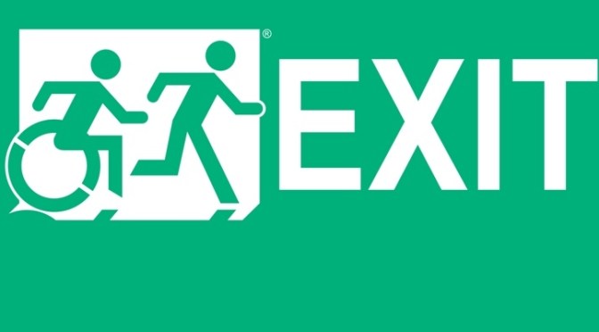 White on New Green Exit Running Man Wheelie Man Wheelchair Accessible Exit Sign