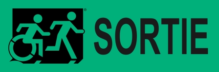 Right Hand Black on New Green Sortie Running Man Wheelie Man Wheelchair Accessible Exit Sign