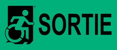 Right Hand Black on New Green Sortie Wheelie Man Wheelchair Accessible Exit Sign