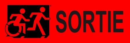 Right Hand Black on Red Sortie Running Man Wheelie Man Wheelchair Accessible Exit Sign