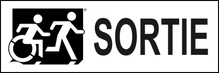 Right Hand Black on White Sortie Running Man Wheelie Man Wheelchair Accessible Exit Sign