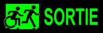 Right Hand Lime New Green on Black Sortie Running Man Wheelie Man Wheelchair Accessible Exit Sign