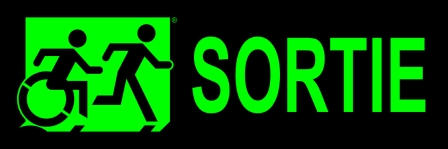 Right Hand Lime New Green on Black Sortie Running Man Wheelie Man Wheelchair Accessible Exit Sign