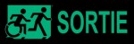 Right Hand New Green on Black Sortie Running Man Wheelie Man Wheelchair Accessible Exit Sign
