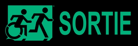 Right Hand New Green on Black Sortie Running Man Wheelie Man Wheelchair Accessible Exit Sign