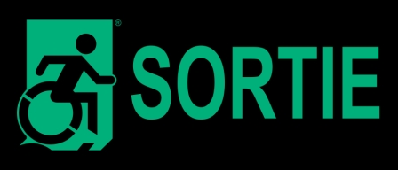 Right Hand New Green on Black Sortie Wheelie Man Wheelchair Accessible Exit Sign