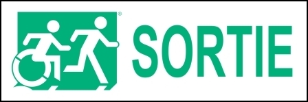 Right Hand New Green on White Sortie Running Man Wheelie Man Wheelchair Accessible Exit Sign