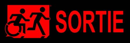 Right Hand Red on Black Sortie Running Man Wheelie Man Wheelchair Accessible Exit Sign