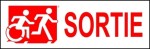 Right Hand Red on White Sortie Running Man Wheelie Man Wheelchair Accessible Exit Sign