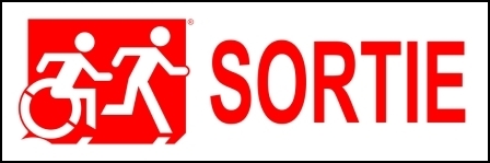 Right Hand Red on White Sortie Running Man Wheelie Man Wheelchair Accessible Exit Sign