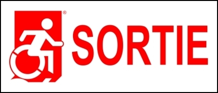 Right Hand Red on White Sortie Wheelie Man Wheelchair Accessible Exit Sign