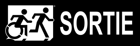 Right Hand White on Black Sortie Running Man Wheelie Man Wheelchair Accessible Exit Sign